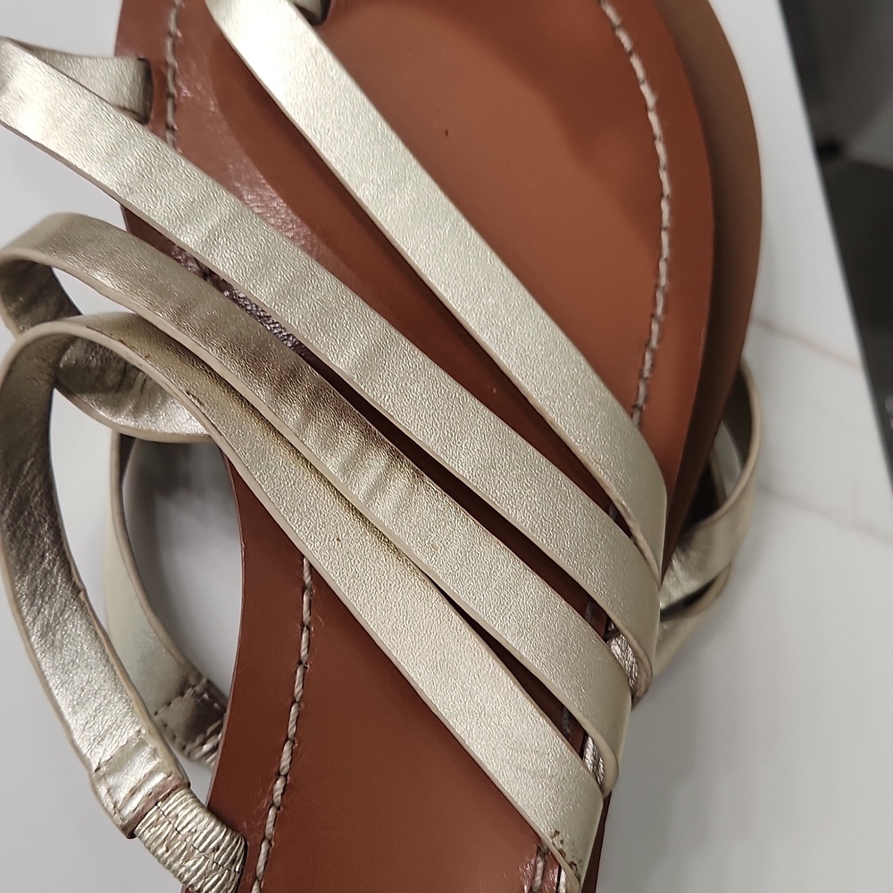 Tory Burch Gold Strappy Leather Sandals with Brown Footbed - Picture 6 of 11